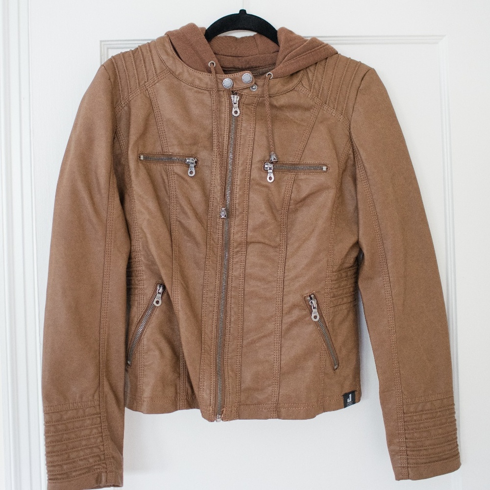 Women's Hooded Faux Leather Moto Biker Jacket